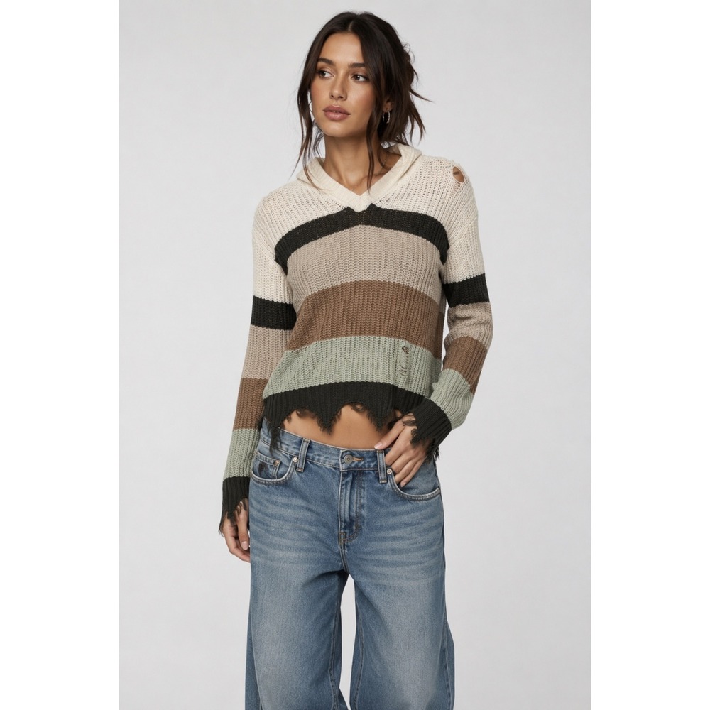 No Boundaries Hooded Sweater Womens XS Multicolor Distressed Striped Grunge Boho